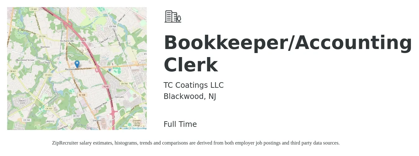 TC Coatings LLC job posting for a Bookkeeper/Accounting Clerk in Blackwood, NJ with a salary of $20 to $28 Hourly with a map of Blackwood location.