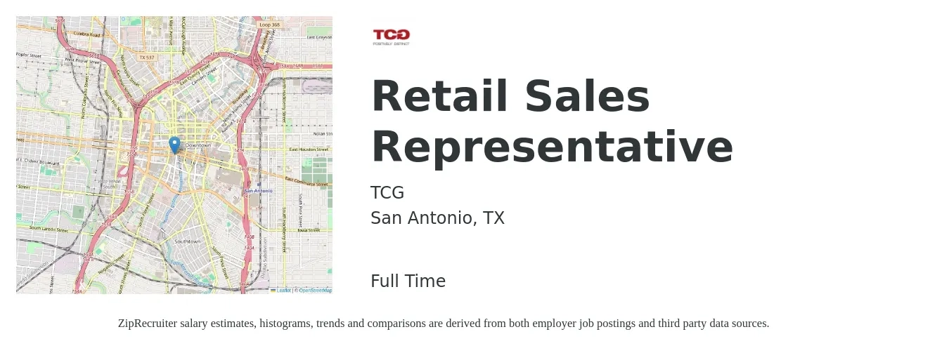 TCG job posting for a Retail Sales Representative in San Antonio, TX with a salary of $800 to $1,000 Weekly (plus commission) with a map of San Antonio location.