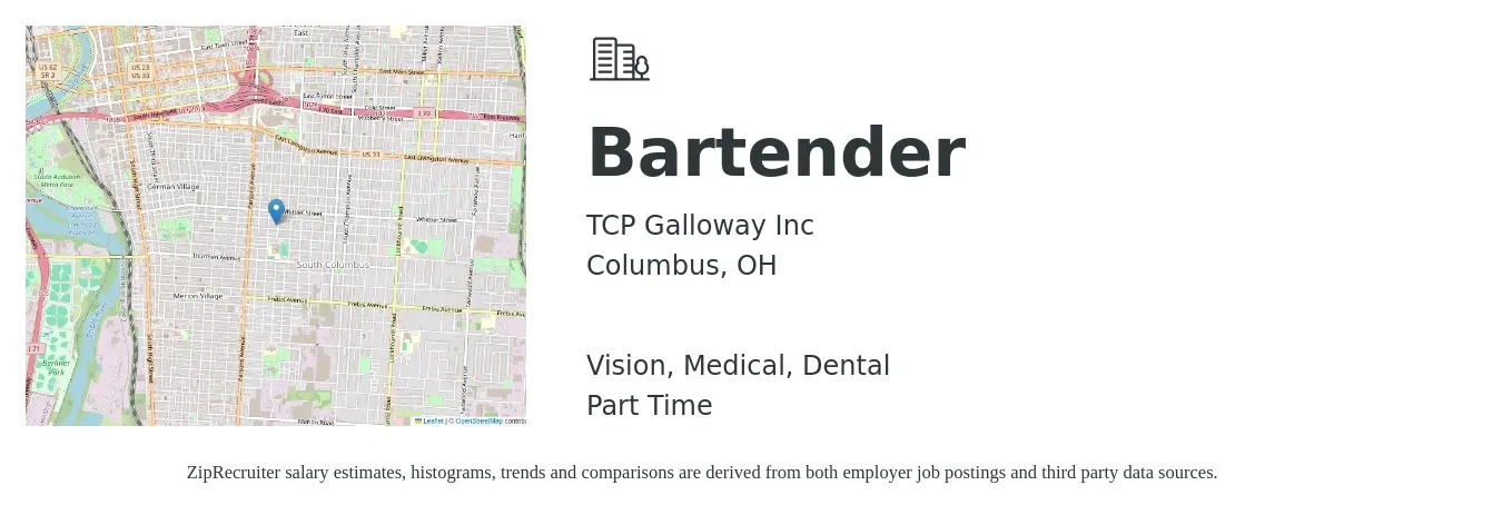 TCP Galloway Inc job posting for a Bartender in Columbus, OH with a salary of $10 to $18 Hourly and benefits including dental, medical, and vision with a map of Columbus location.