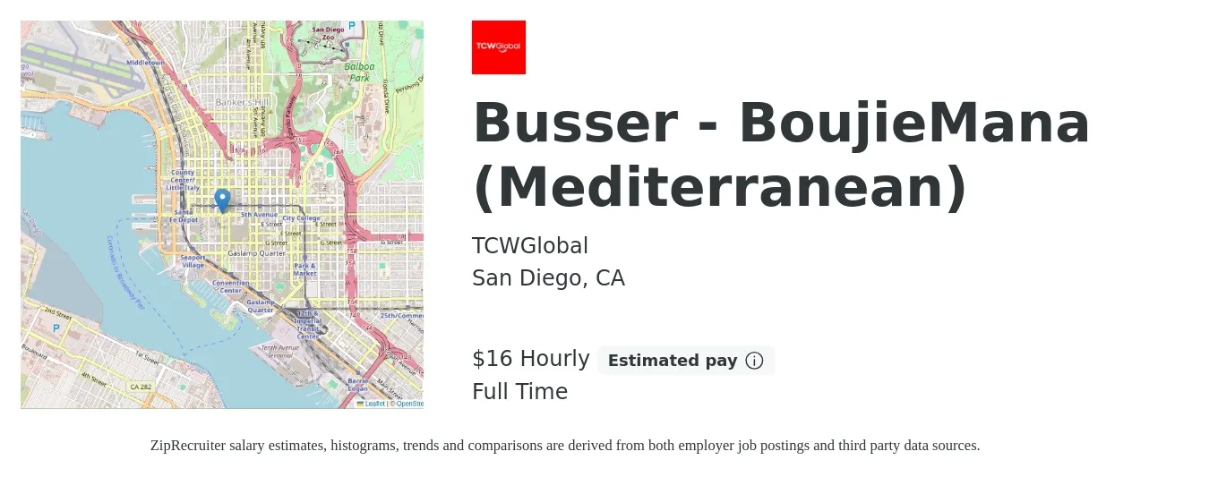 TCWGlobal job posting for a Busser - BoujieMana (Mediterranean) in San Diego, CA with a salary of $17 Hourly with a map of San Diego location.
