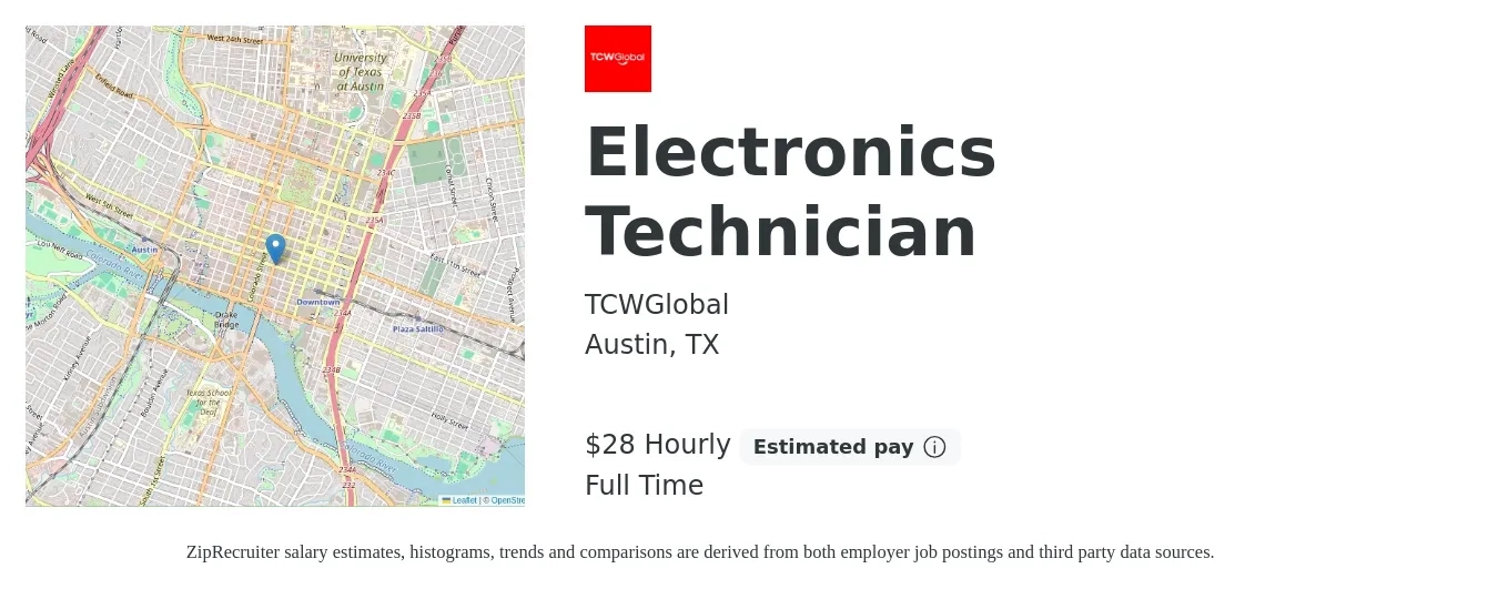 TCWGlobal job posting for a Electronics Technician in Austin, TX with a salary of $30 Hourly with a map of Austin location.