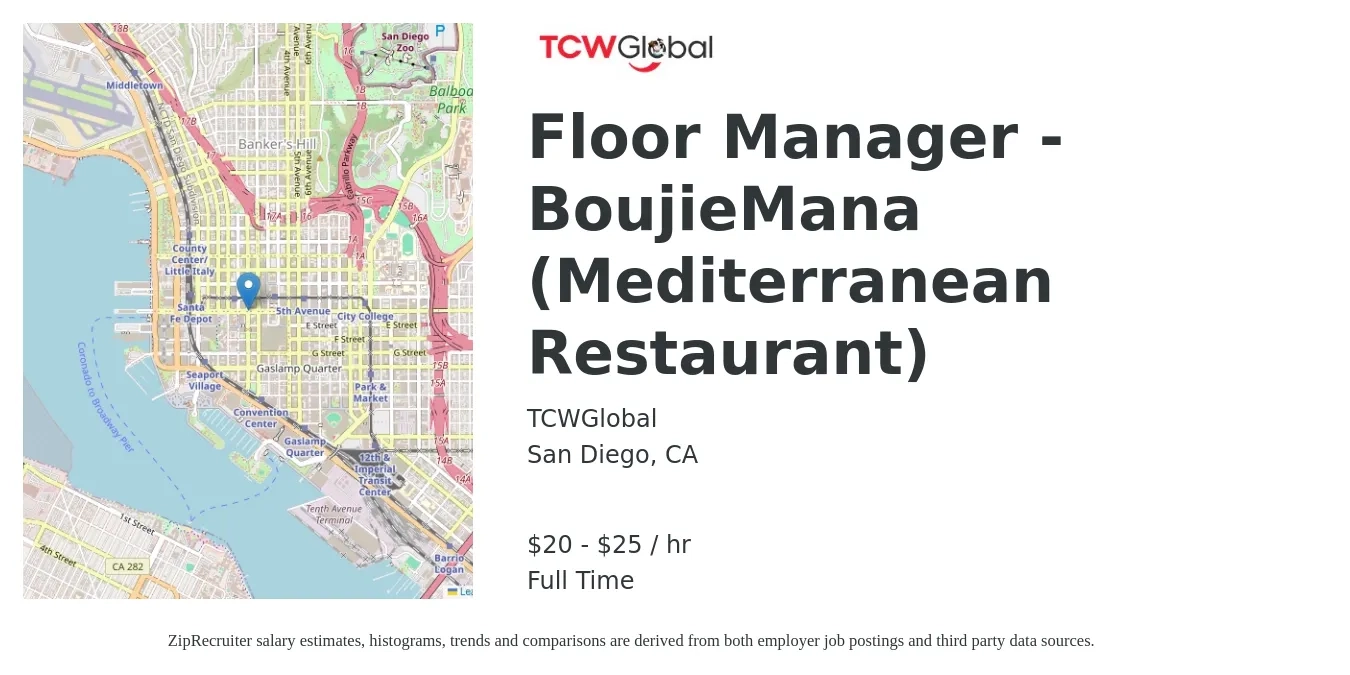 TCWGlobal job posting for a Floor Manager - BoujieMana (Mediterranean Restaurant) in San Diego, CA with a salary of $21 to $27 Hourly with a map of San Diego location.