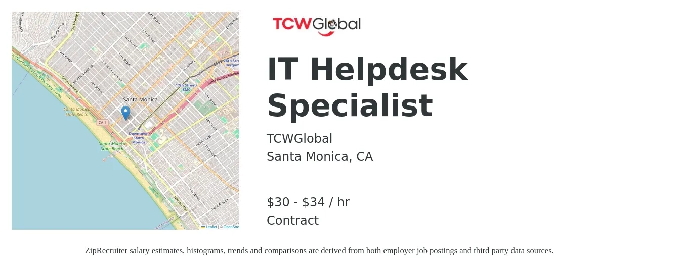 TCWGlobal job posting for a IT Helpdesk Specialist in Santa Monica, CA with a salary of $30 to $37 Hourly with a map of Santa Monica location.