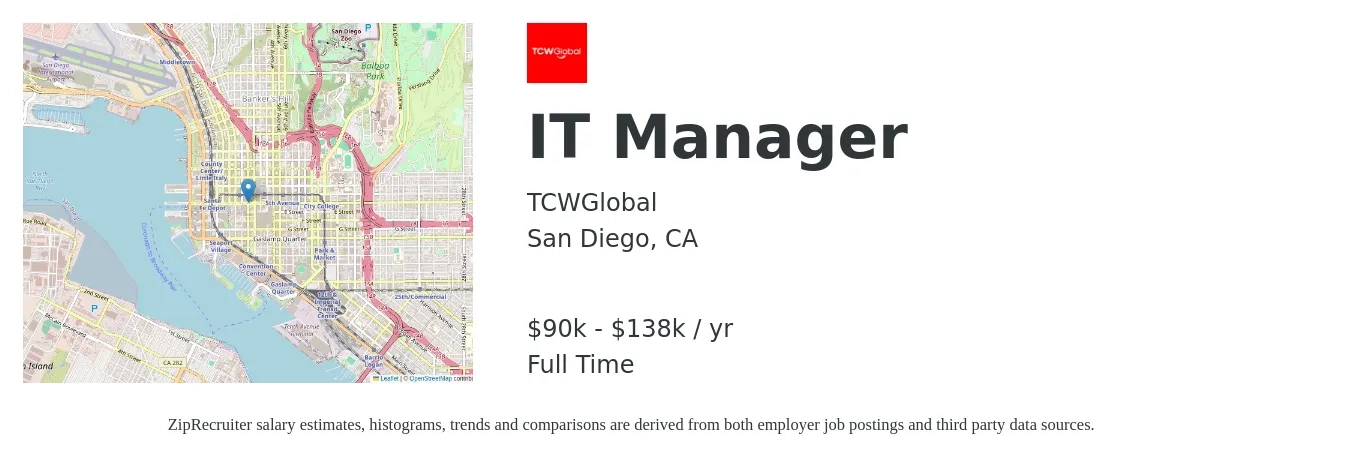 TCWGlobal job posting for a IT Manager in San Diego, CA with a salary of $90,000 to $138,000 Yearly with a map of San Diego location.