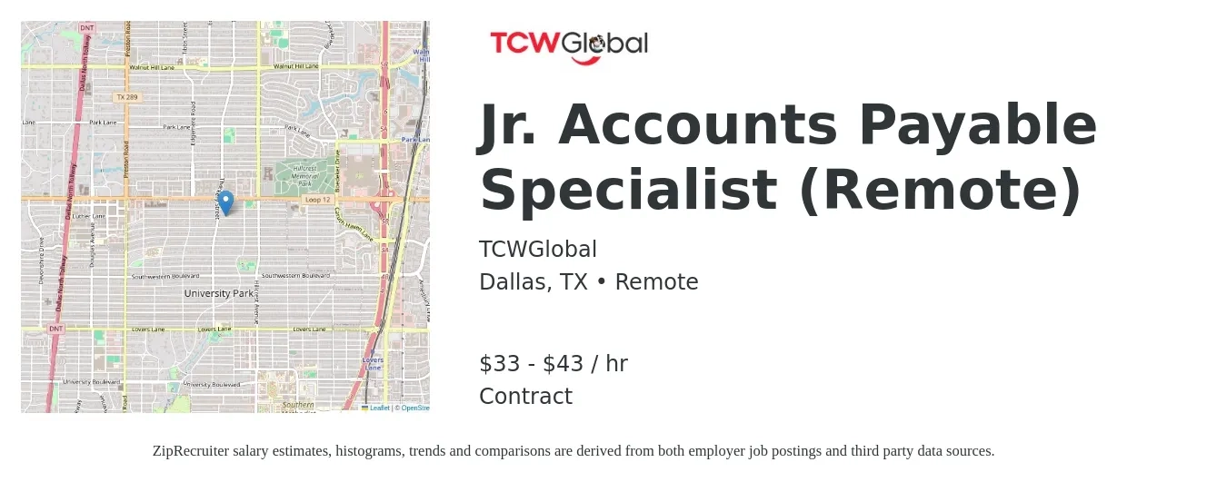 TCWGlobal job posting for a Jr. Accounts Payable Specialist (Remote) in Dallas, TX with a salary of $35 to $45 Hourly with a map of Dallas location.