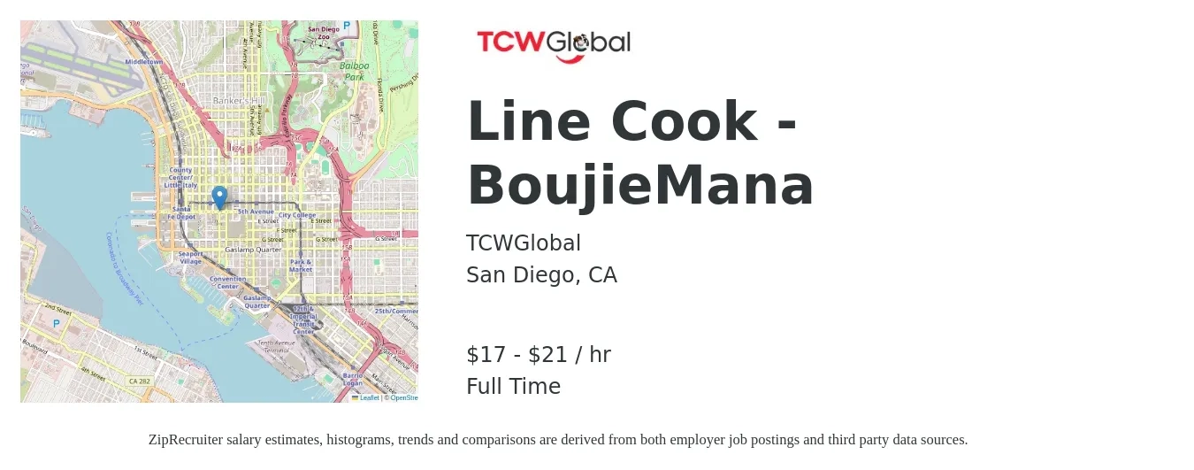 TCWGlobal job posting for a Line Cook - BoujieMana in San Diego, CA with a salary of $18 to $22 Hourly with a map of San Diego location.