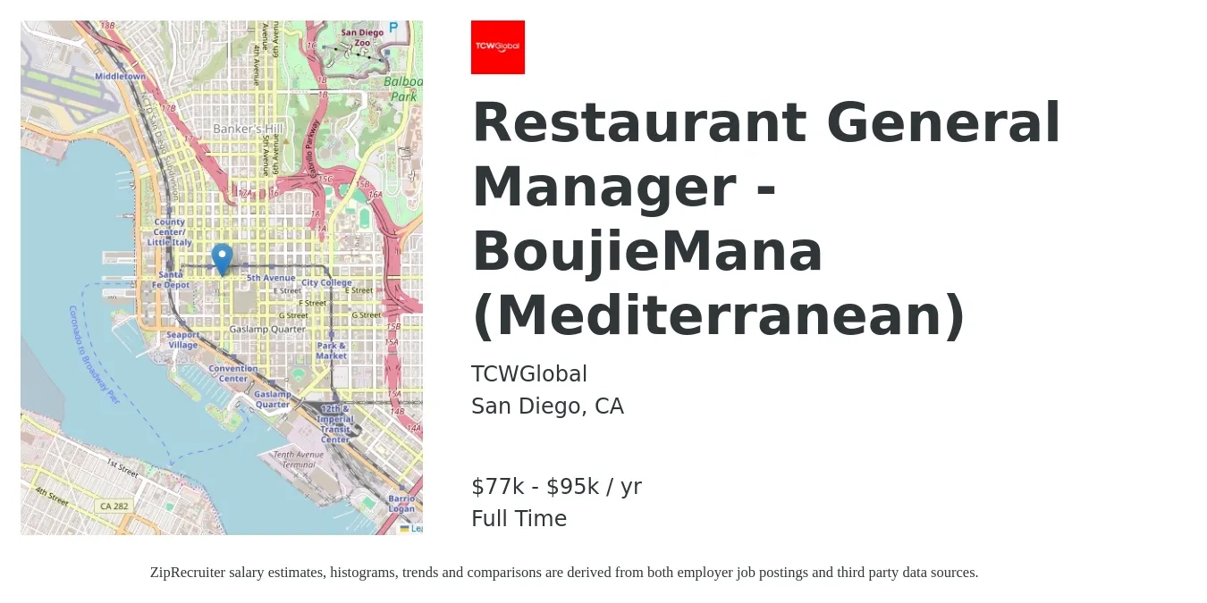 TCWGlobal job posting for a Restaurant General Manager - BoujieMana (Mediterranean) in San Diego, CA with a salary of $77,000 to $95,000 Yearly with a map of San Diego location.