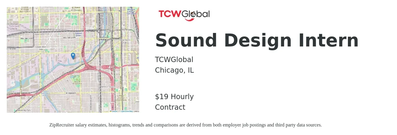TCWGlobal job posting for a Sound Design Intern in Chicago, IL with a salary of $20 Hourly with a map of Chicago location.