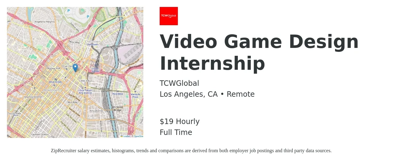 TCWGlobal job posting for a Video Game Design Internship in Los Angeles, CA with a salary of $20 Hourly with a map of Los Angeles location.