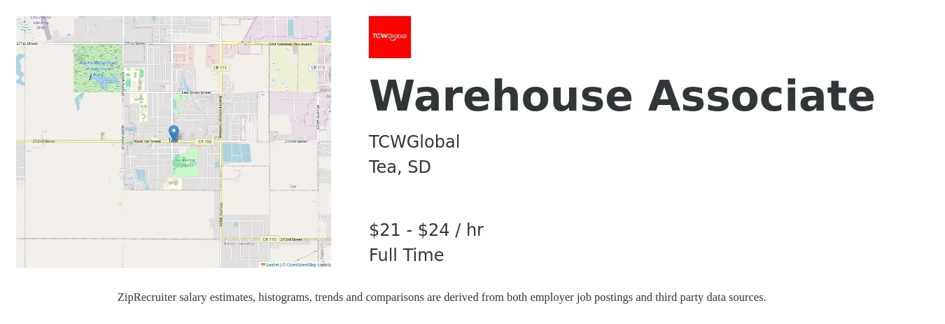 TCWGlobal job posting for a Warehouse Associate in Tea, SD with a salary of $22 to $25 Hourly with a map of Tea location.