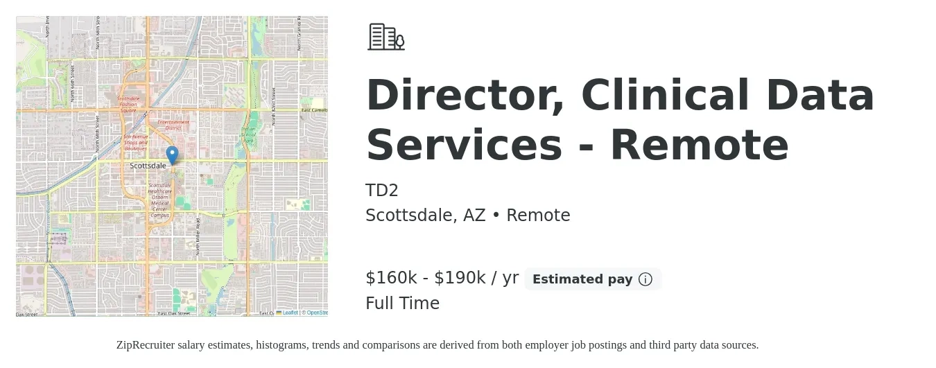 TD2 job posting for a Director, Clinical Data Services - Remote in Scottsdale, AZ with a salary of $160,000 to $190,000 Yearly with a map of Scottsdale location.