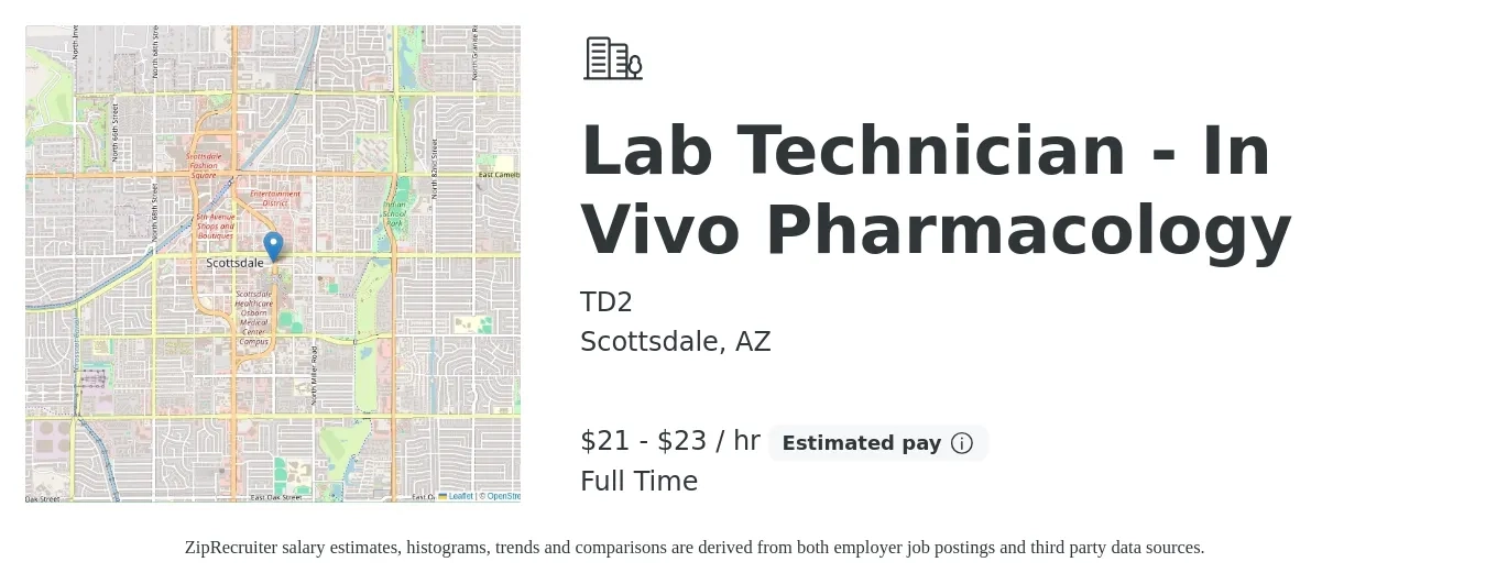 TD2 job posting for a Lab Technician - In Vivo Pharmacology in Scottsdale, AZ with a salary of $22 to $24 Hourly with a map of Scottsdale location.