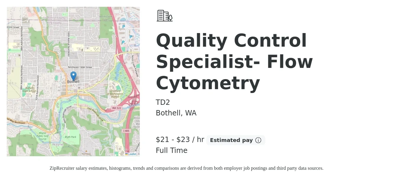 TD2 job posting for a Quality Control Specialist- Flow Cytometry in Bothell, WA with a salary of $22 to $24 Hourly with a map of Bothell location.