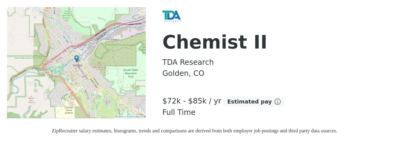 TDA Research job posting for a Chemist II in Golden, CO with a salary of $72,000 to $85,000 Yearly with a map of Golden location.