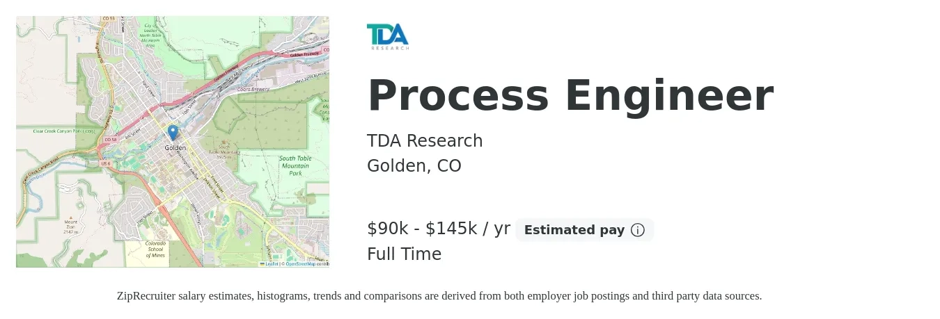 TDA Research job posting for a Process Engineer in Golden, CO with a salary of $90,000 to $145,000 Yearly with a map of Golden location.