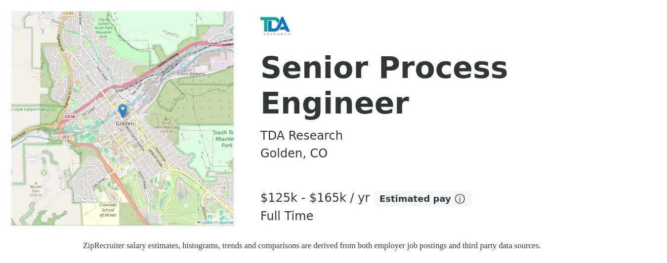 TDA Research job posting for a Senior Process Engineer in Golden, CO with a salary of $125,000 to $165,000 Yearly with a map of Golden location.