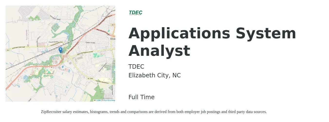 TDEC job posting for a Applications System Analyst in Elizabeth City, NC with a salary of $66,000 to $96,200 Yearly with a map of Elizabeth City location.