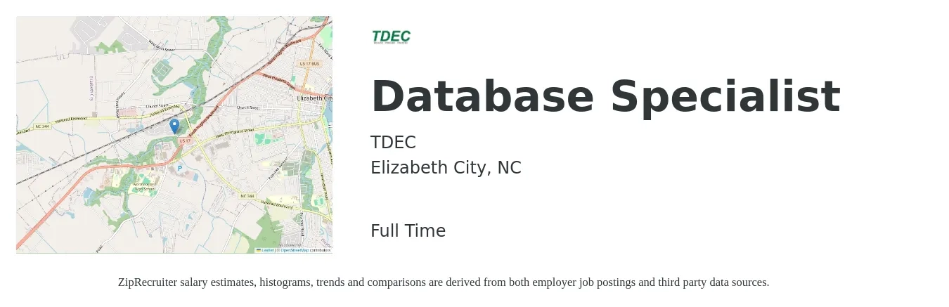 TDEC job posting for a Database Specialist in Elizabeth City, NC with a salary of $20 to $36 Hourly with a map of Elizabeth City location.