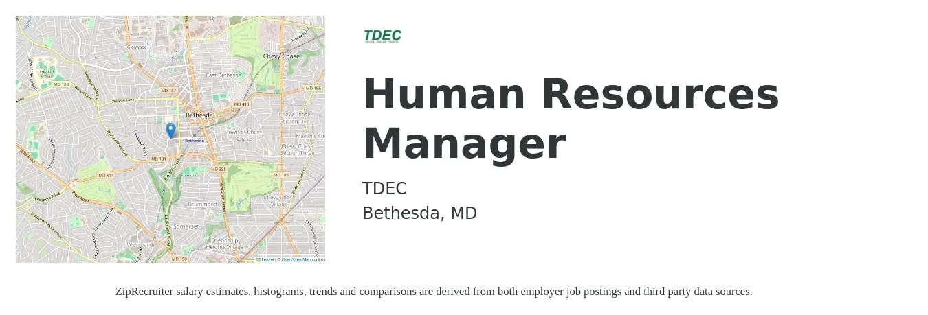 TDEC job posting for a Human Resources Manager in Bethesda, MD with a salary of $73,800 to $107,000 Yearly with a map of Bethesda location.