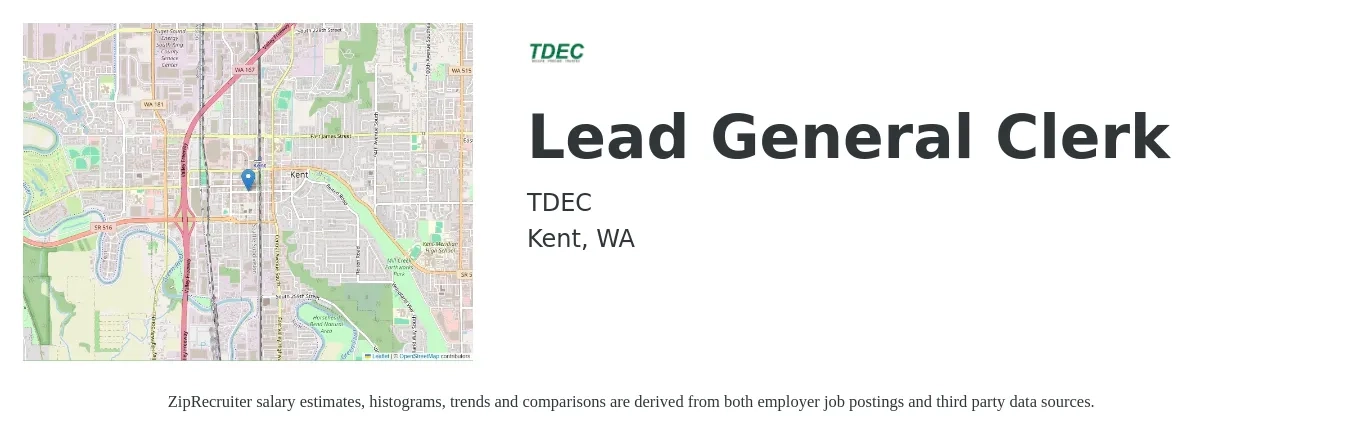 TDEC job posting for a Lead General Clerk in Kent, WA with a salary of $20 Hourly with a map of Kent location.
