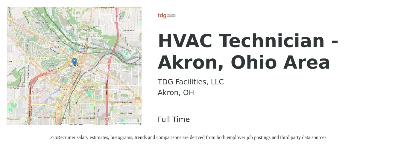 TDG Facilities, LLC job posting for a HVAC Technician - Akron, Ohio Area in Akron, OH with a salary of $22 to $32 Hourly with a map of Akron location.