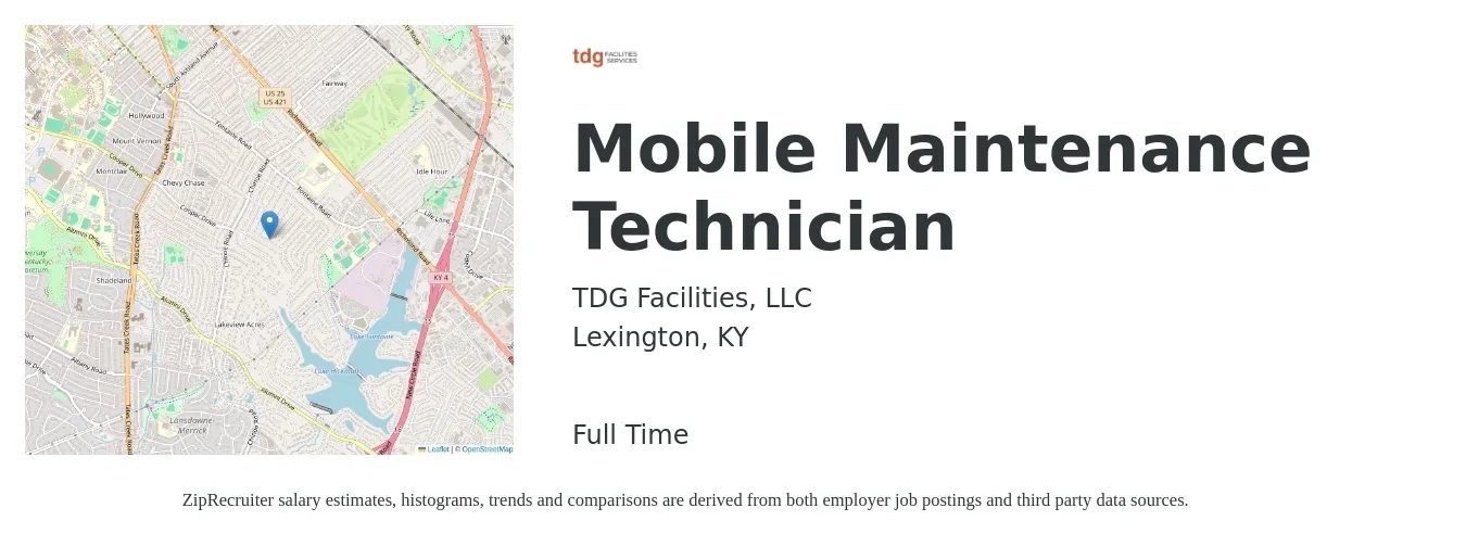 TDG Facilities, LLC job posting for a Mobile Maintenance Technician in Lexington, KY with a salary of $19 to $26 Hourly with a map of Lexington location.