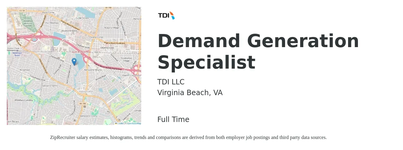 TDI LLC job posting for a Demand Generation Specialist in Virginia Beach, VA with a salary of $34,700 to $73,800 Yearly with a map of Virginia Beach location.