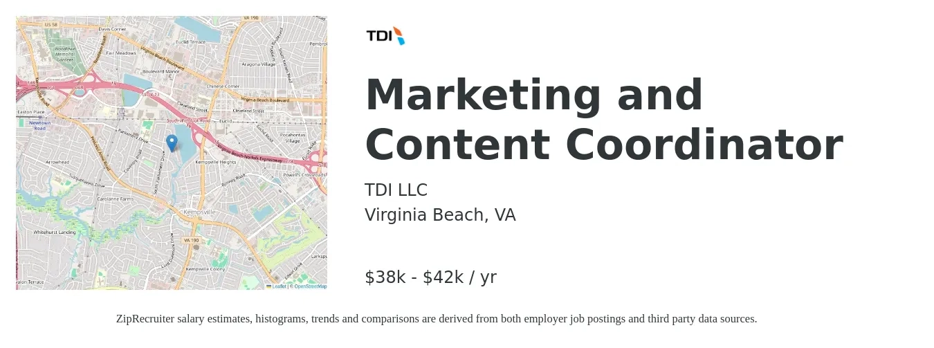 TDI LLC job posting for a Marketing and Content Coordinator in Virginia Beach, VA with a salary of $38,000 to $42,000 Yearly with a map of Virginia Beach location.
