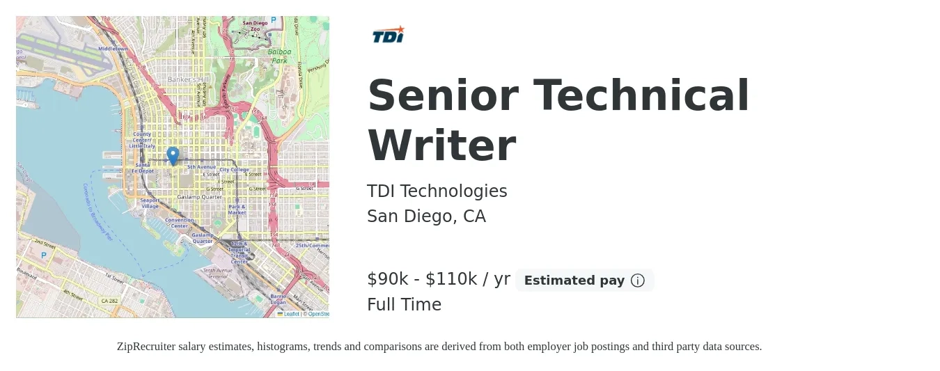 TDI Technologies job posting for a Senior Technical Writer in San Diego, CA with a salary of $90,000 to $110,000 Yearly with a map of San Diego location.
