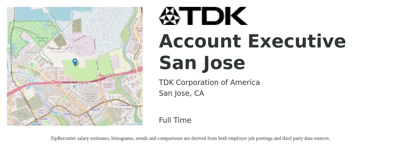 TDK Corporation of America job posting for a Account Executive San Jose in San Jose, CA with a salary of $63,300 to $111,300 Yearly with a map of San Jose location.