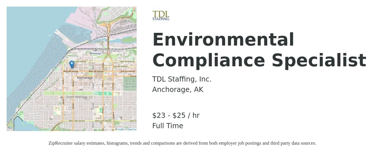 TDL Staffing, Inc. job posting for a Environmental Compliance Specialist in Anchorage, AK with a salary of $24 to $27 Hourly with a map of Anchorage location.