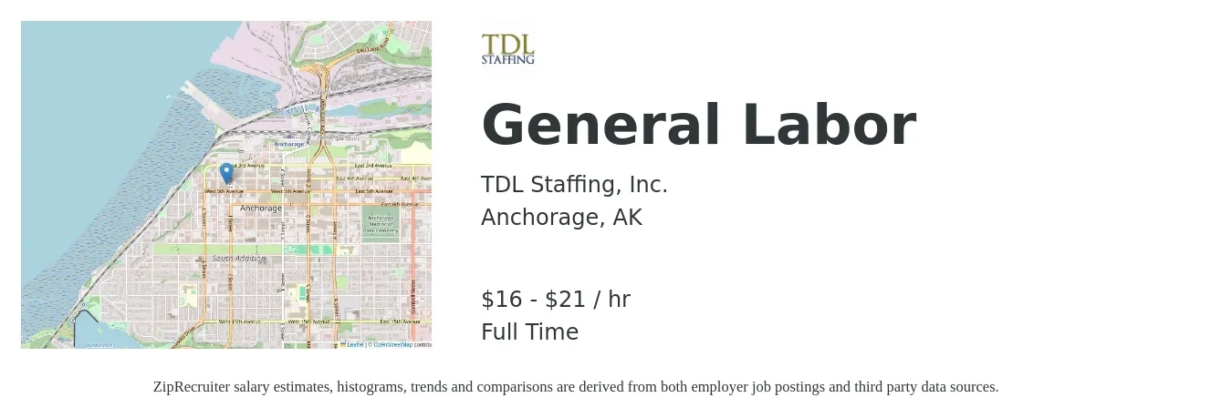 TDL Staffing, Inc. job posting for a General Labor in Anchorage, AK with a salary of $17 to $22 Hourly with a map of Anchorage location.