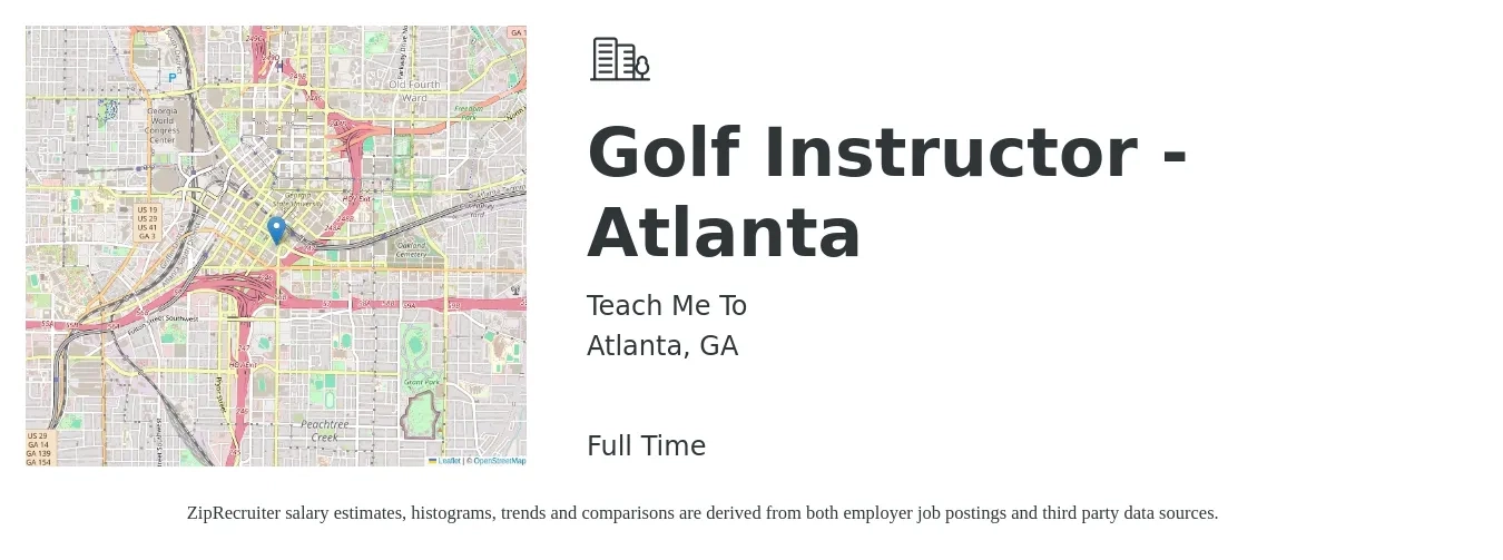 Teach Me To job posting for a Golf Instructor - Atlanta in Atlanta, GA with a salary of $20 to $31 Hourly with a map of Atlanta location.