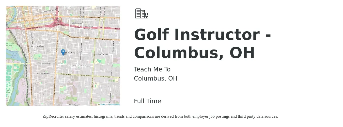Teach Me To job posting for a Golf Instructor - Columbus, OH in Columbus, OH with a salary of $16 to $24 Hourly with a map of Columbus location.