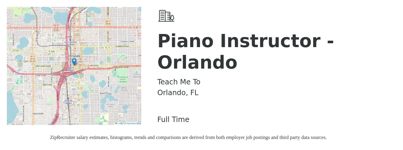 Teach Me To job posting for a Piano Instructor - Orlando in Orlando, FL with a salary of $23 to $33 Hourly with a map of Orlando location.