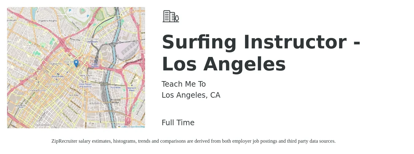Teach Me To job posting for a Surfing Instructor - Los Angeles in Los Angeles, CA with a salary of $26 to $42 Hourly with a map of Los Angeles location.