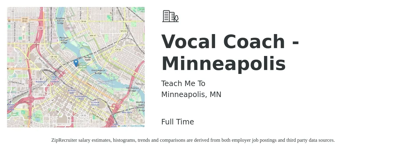Teach Me To job posting for a Vocal Coach - Minneapolis in Minneapolis, MN with a map of Minneapolis location.