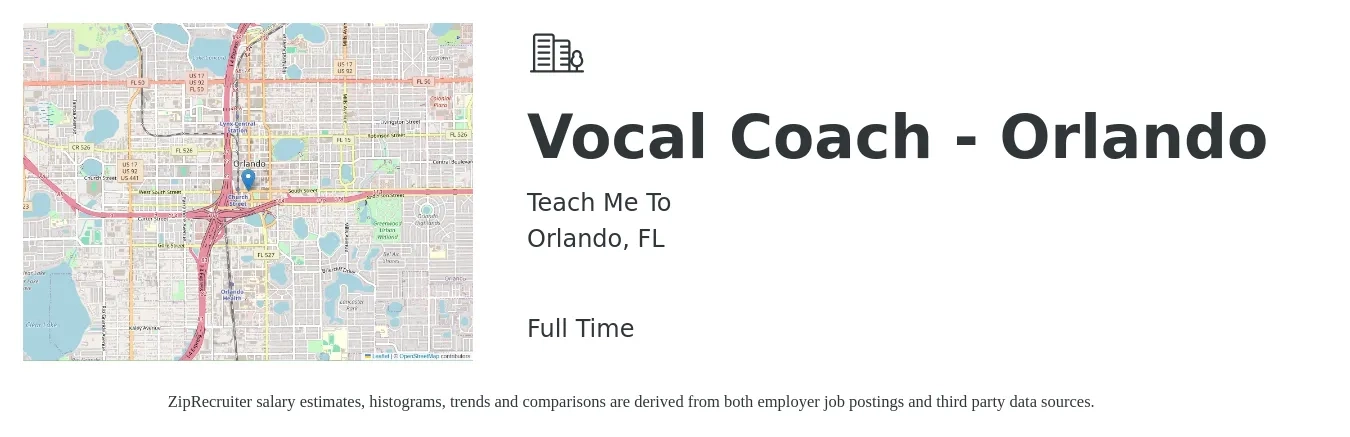 Teach Me To job posting for a Vocal Coach - Orlando in Orlando, FL with a map of Orlando location.