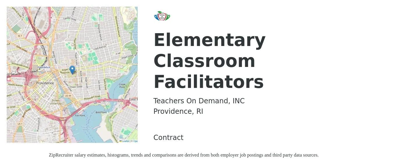 Teachers On Demand, INC job posting for a Elementary Classroom Facilitators in Providence, RI with a salary of $195 Daily with a map of Providence location.