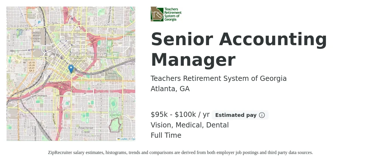 Teachers Retirement System of Georgia job posting for a Senior Accounting Manager in Atlanta, GA with a salary of $87,000 to $128,900 Yearly and benefits including life_insurance, medical, pto, retirement, vision, and dental with a map of Atlanta location.