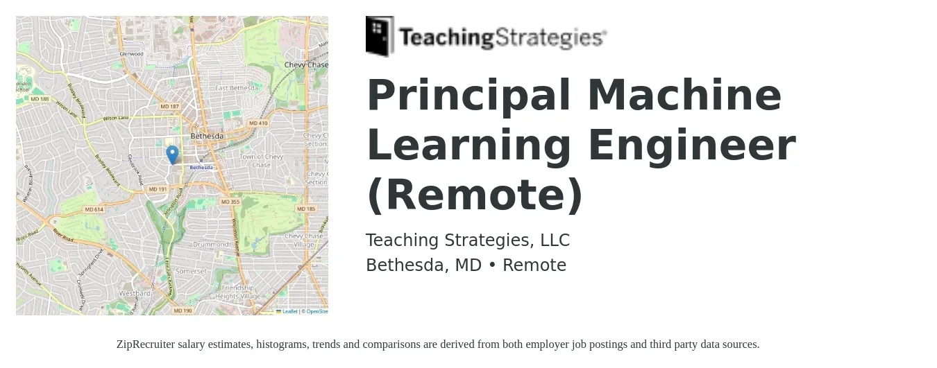 Teaching Strategies, LLC job posting for a Principal Machine Learning Engineer (Remote) in Bethesda, MD with a salary of $126,500 to $184,700 Yearly with a map of Bethesda location.