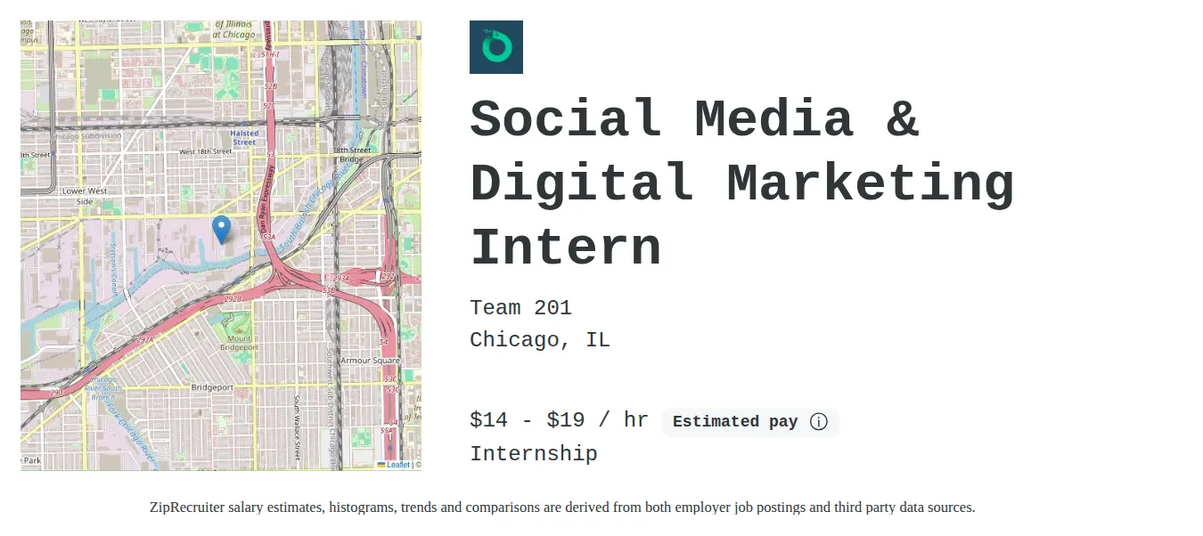 Team 201 job posting for a Social Media & Digital Marketing Intern in Chicago, IL with a salary of $15 to $20 Hourly with a map of Chicago location.