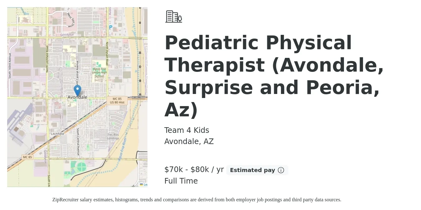 Team 4 Kids job posting for a Pediatric Physical Therapist (Avondale, Surprise and Peoria, Az) in Avondale, AZ with a salary of $70,000 to $80,000 Yearly with a map of Avondale location.