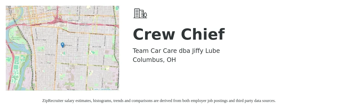 Team Car Care dba Jiffy Lube job posting for a Crew Chief in Columbus, OH with a salary of $18 to $24 Hourly with a map of Columbus location.