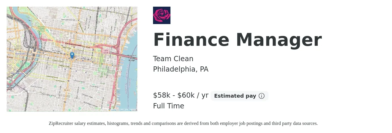 Team Clean job posting for a Finance Manager in Philadelphia, PA with a salary of $58,000 to $60,000 Yearly and benefits including dental, life_insurance, medical, pto, retirement, and vision with a map of Philadelphia location.