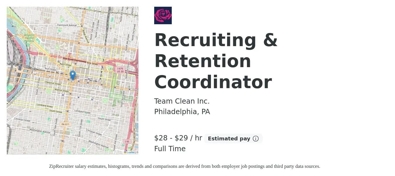 Team Clean Inc. job posting for a Recruiting & Retention Coordinator in Philadelphia, PA with a salary of $30 to $31 Hourly with a map of Philadelphia location.