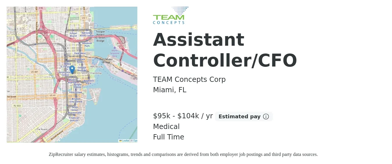 TEAM Concepts Corp job posting for a Assistant Controller/CFO in Miami, FL with a salary of $95,000 to $104,000 Yearly and benefits including medical with a map of Miami location.