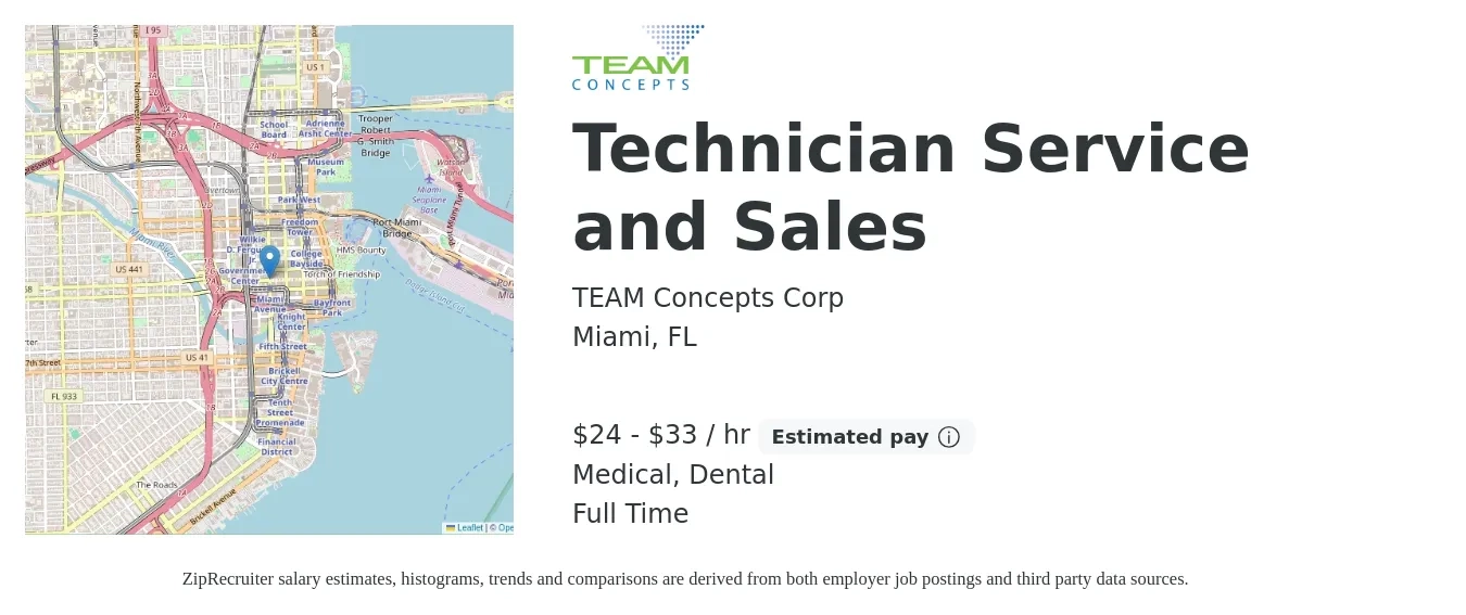 TEAM Concepts Corp job posting for a Technician Service and Sales in Miami, FL with a salary of $25 to $35 Hourly and benefits including medical, and dental with a map of Miami location.