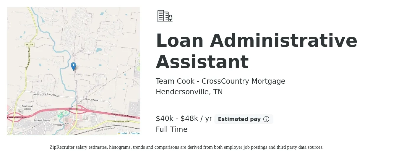Team Cook - CrossCountry Mortgage job posting for a Loan Administrative Assistant in Hendersonville, TN with a salary of $40,000 to $48,000 Yearly with a map of Hendersonville location.