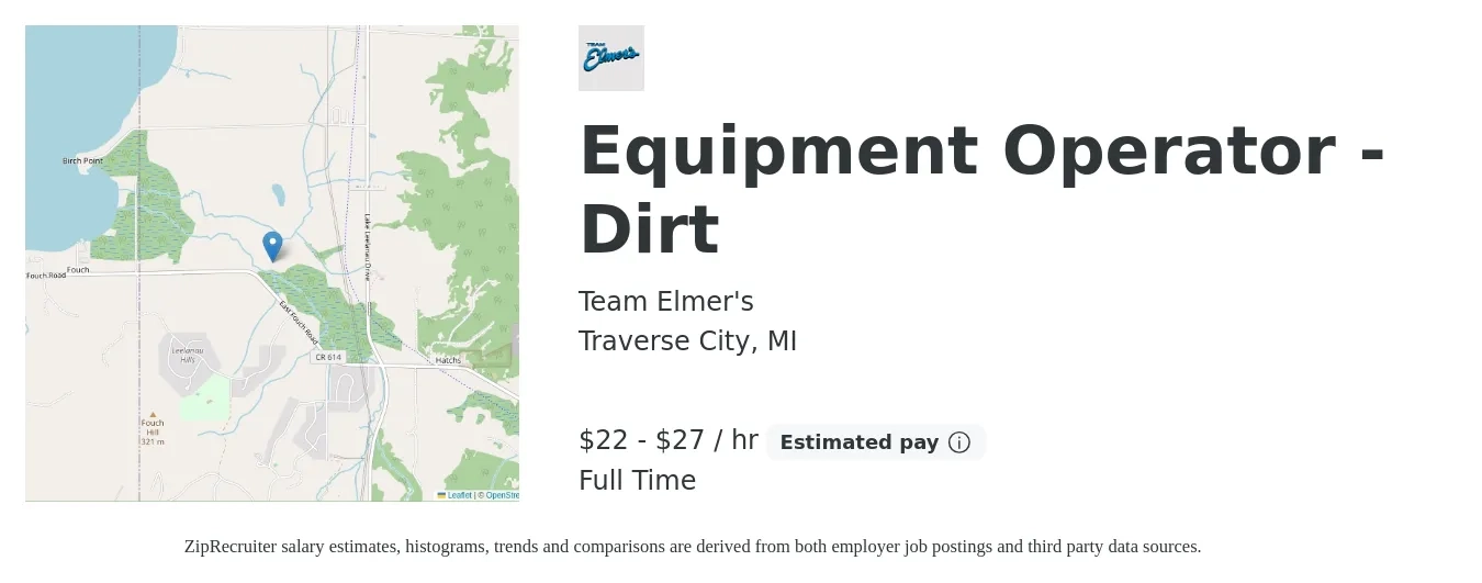Team Elmer's job posting for a Equipment Operator - Dirt in Traverse City, MI with a salary of $23 to $29 Hourly with a map of Traverse City location.